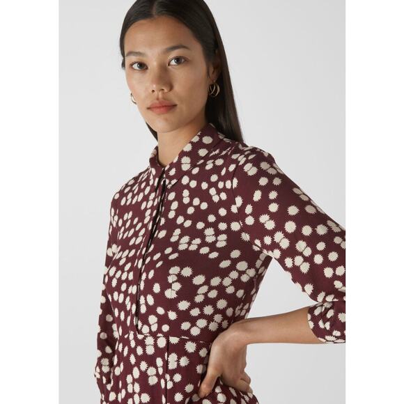 Whistles Burgundy Illustrated Flower Dress Collared Short Ruffle Hem Size 6 - Picture 3 of 12